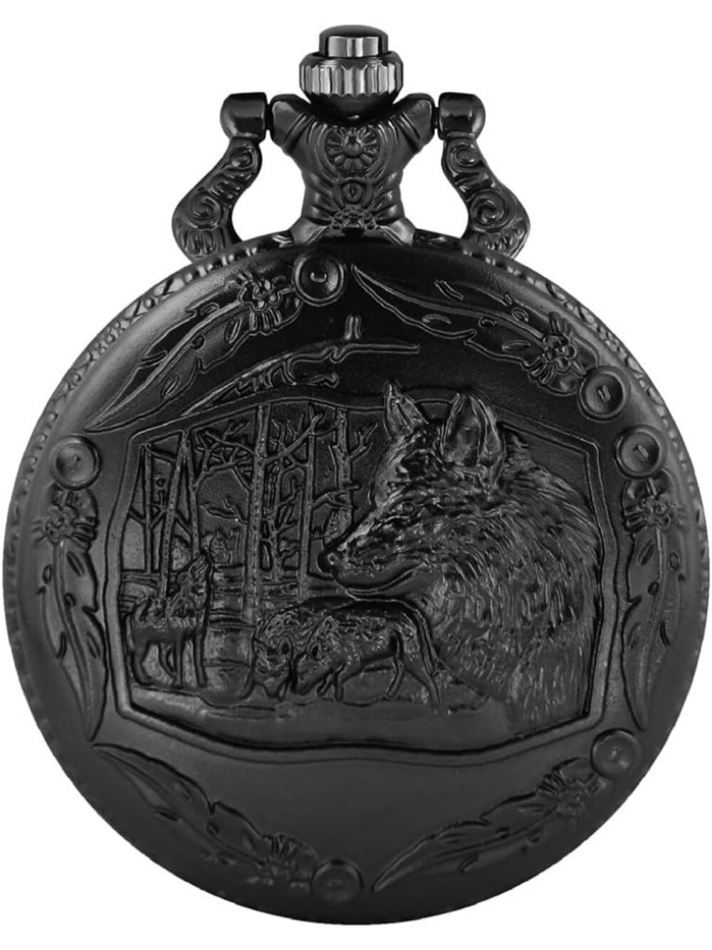 Men's Black Analog Quartz Arabic Numerals Engraved Wolf Vintage Pocket Watch